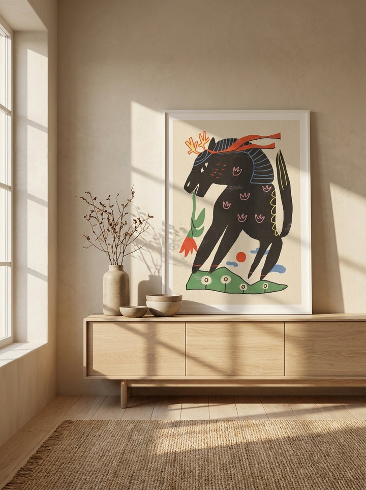 Modern wall art print standing on a sideboard in a warm Japandi home office