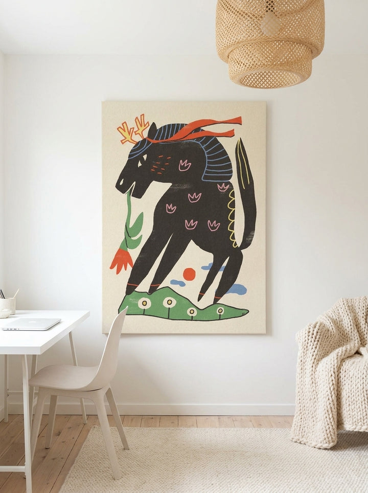 Stretched canvas wall art styled on the wall in a bright Scandinavian home office