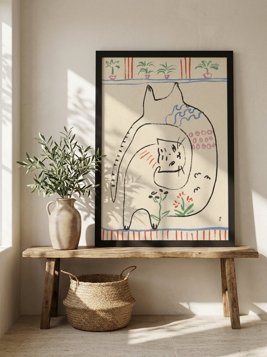 Modern wall art print standing on a bench in a Mediterranean home office