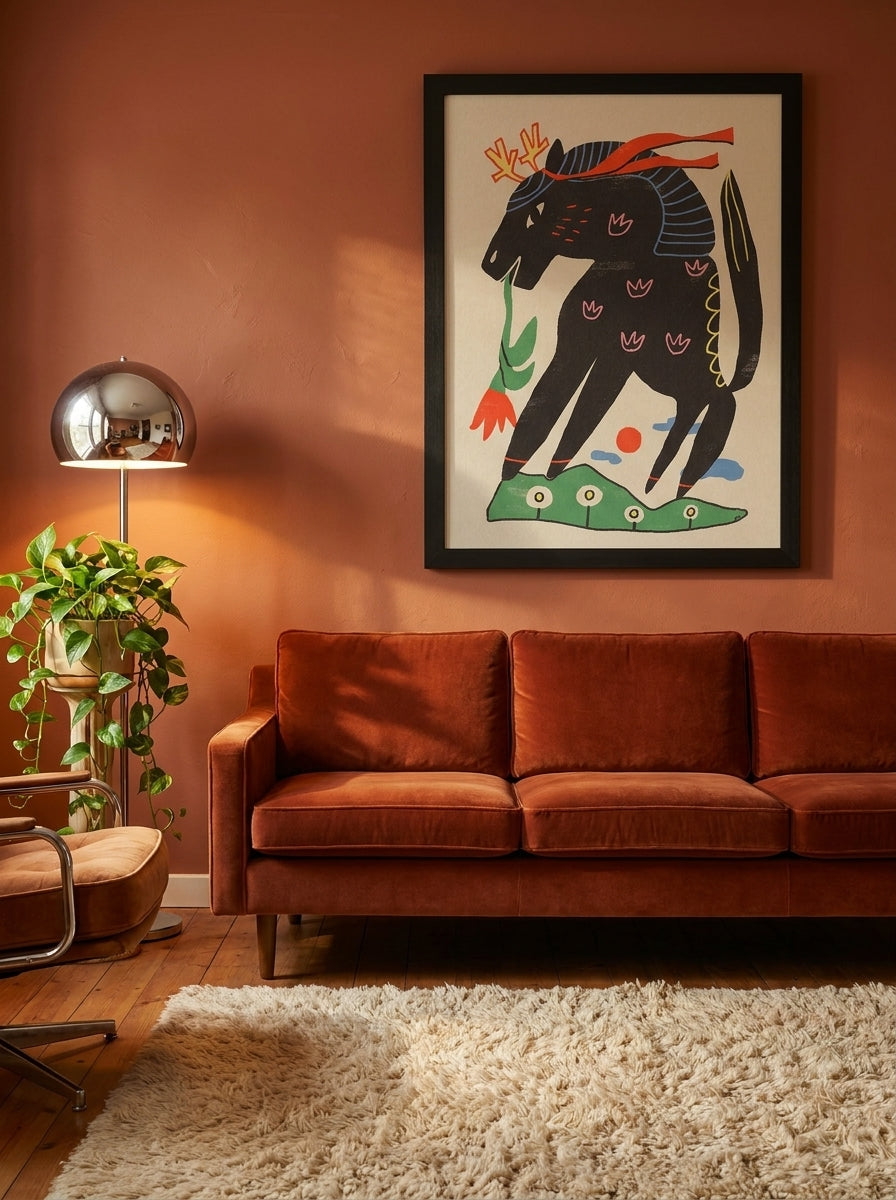 Modern wall art print styled on the wall in a retro 70s living room