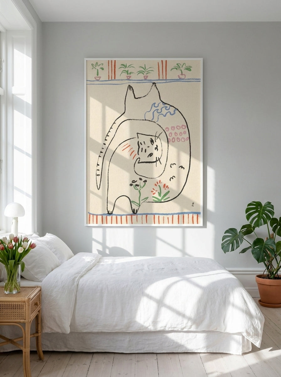 Modern wall art print styled on the wall in a bright Scandinavian bedroom