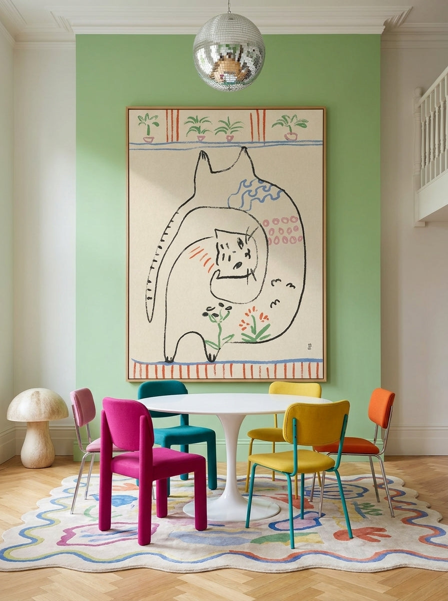 Oversized statement modern wall art print styled on the wall in a colourful eclectic dining room