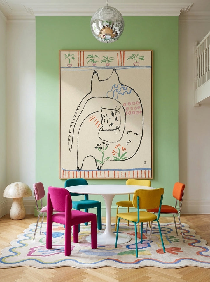 Oversized statement modern wall art print styled on the wall in a colourful eclectic dining room