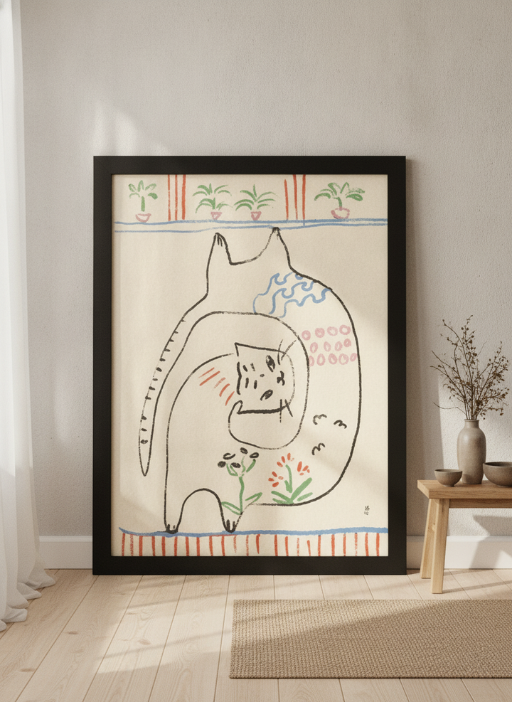 Oversized statement modern wall art print leaning against the wall in a warm Japandi living room