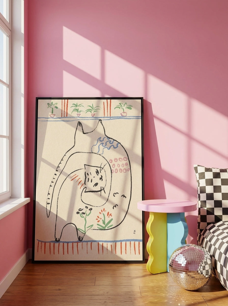 Oversized statement canvas wall art with a black surround leaning against the wall in a colourful eclectic bedroom