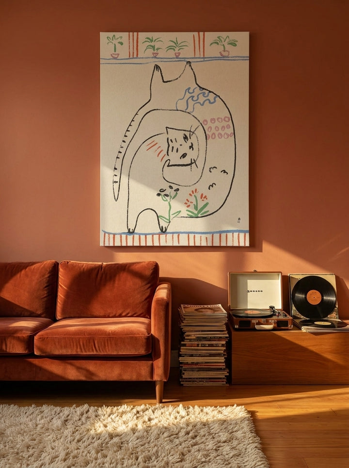 Stretched canvas wall art styled on the wall in a retro 70s living room