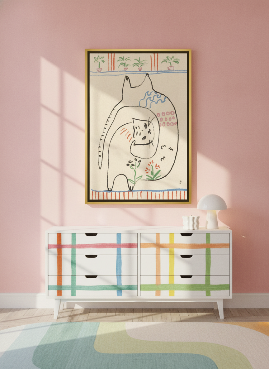 Canvas wall art with a gold leaf surround styled on the wall in a colourful eclectic nursery