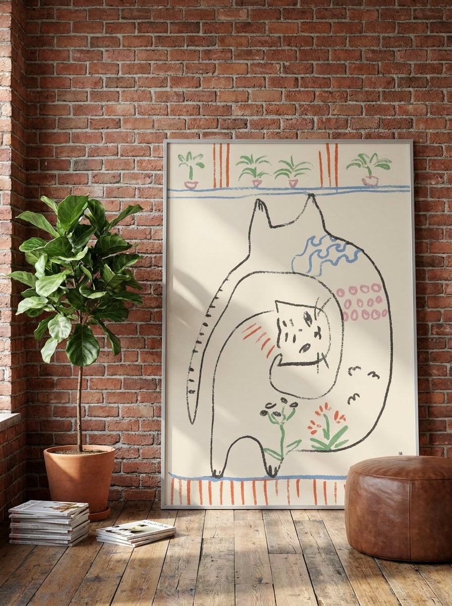 Oversized statement canvas wall art with a silver leaf surround leaning against the wall in an industrial loft living room