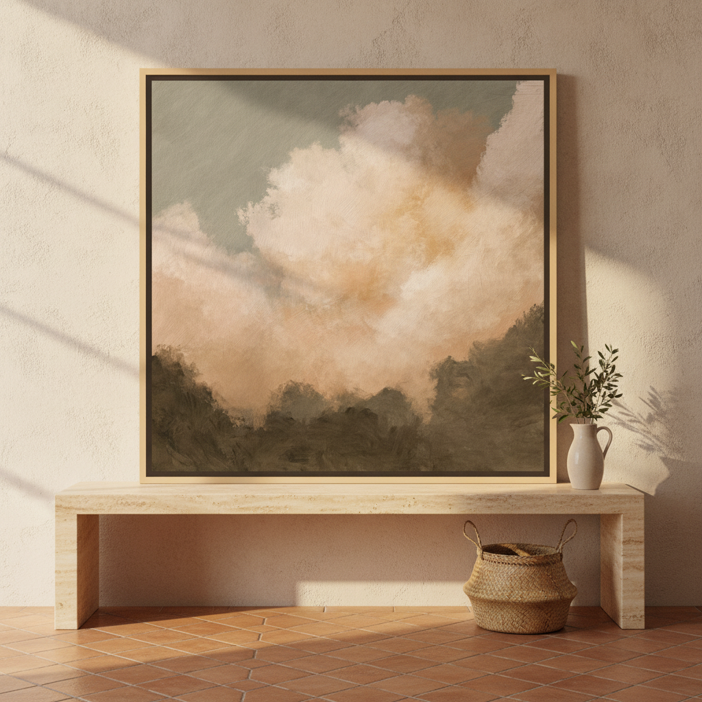 Canvas wall art with a natural timber surround standing on a console in a Mediterranean bedroom