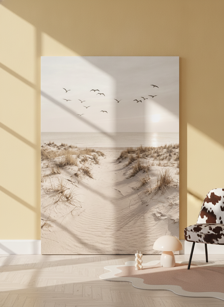 Stretched canvas wall art leaning against the wall in a colourful eclectic bedroom