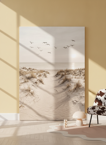 Stretched canvas wall art leaning against the wall in a colourful eclectic bedroom