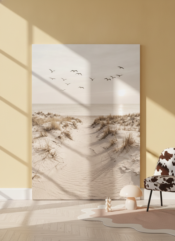 Stretched canvas wall art leaning against the wall in a colourful eclectic bedroom