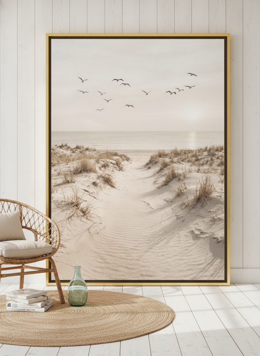 Oversized statement canvas wall art with a gold leaf surround leaning against the wall in a coastal living room