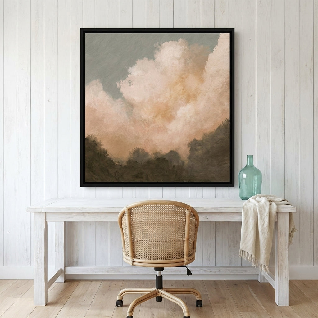 Canvas wall art with a black surround styled on the wall in a coastal home office