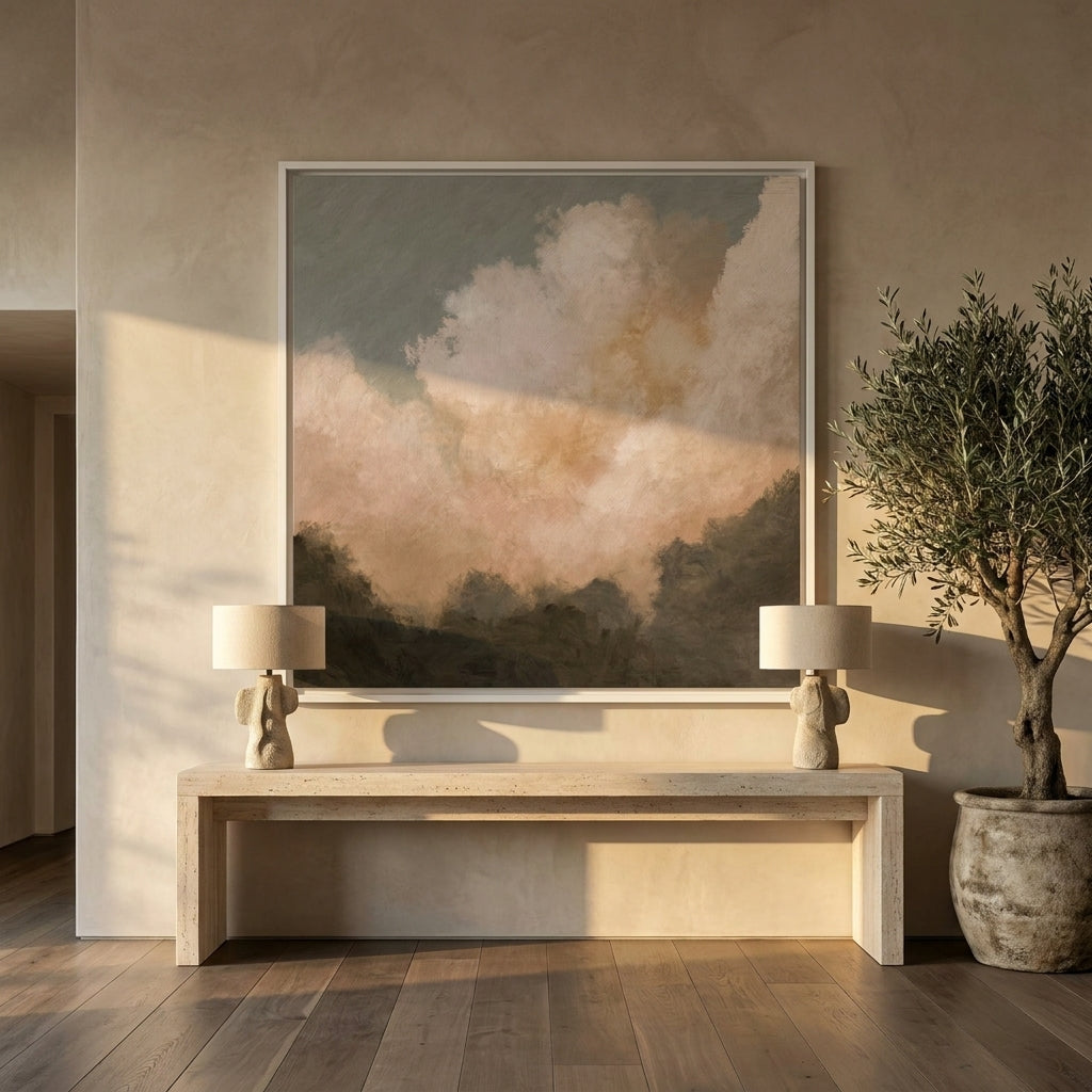 Oversized statement canvas wall art with a white surround styled on the wall in a luxe living room
