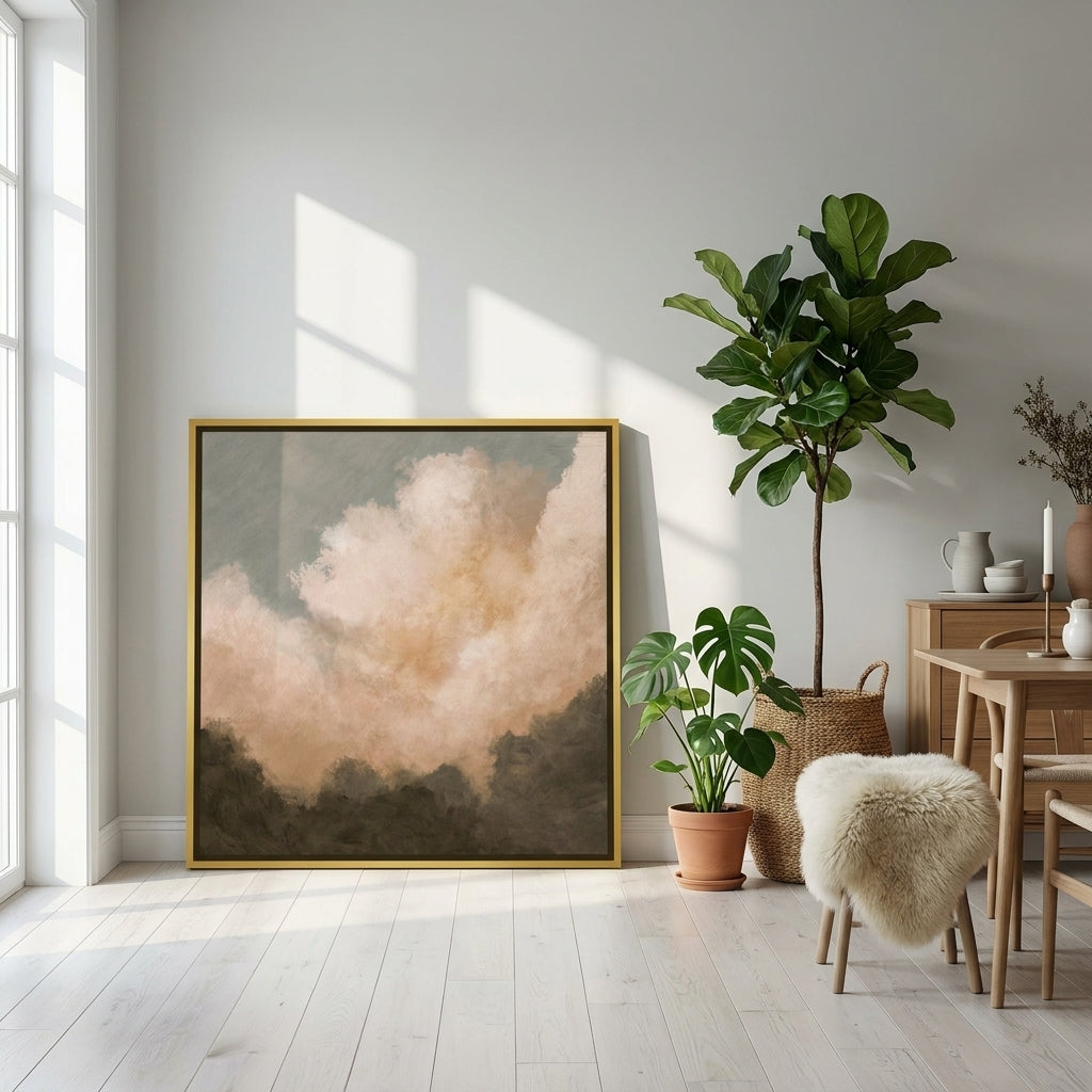 Canvas wall art with a gold leaf surround leaning against the wall in a bright Scandinavian dining room