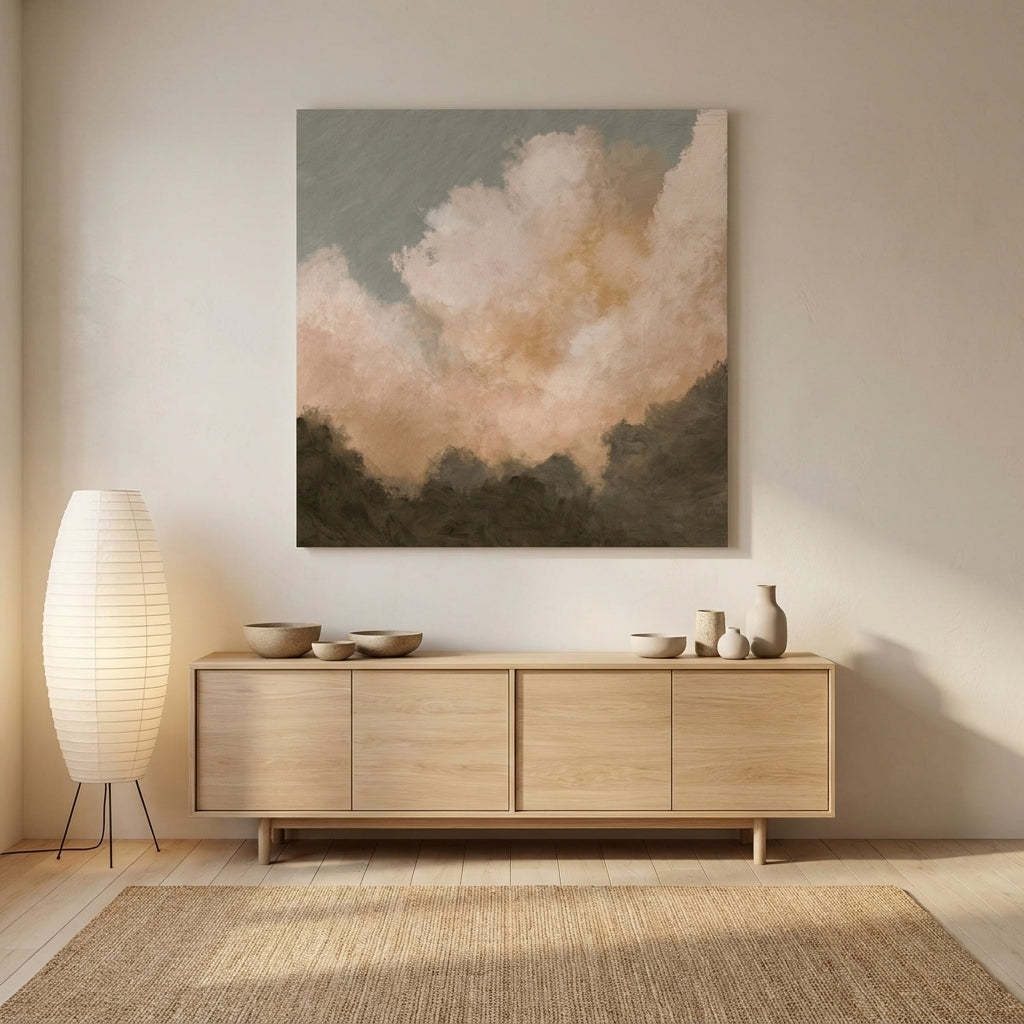 Stretched canvas wall art styled on the wall in a warm Japandi living room