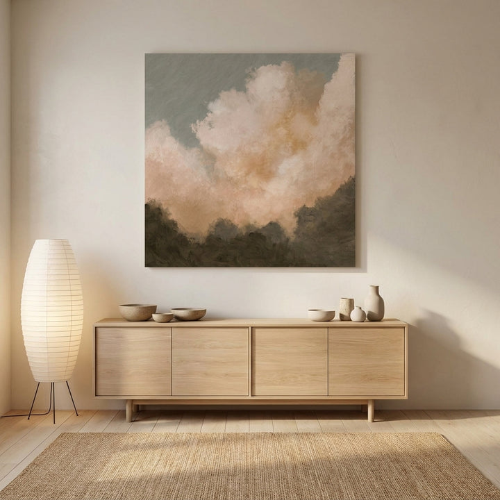 Stretched canvas wall art styled on the wall in a warm Japandi living room