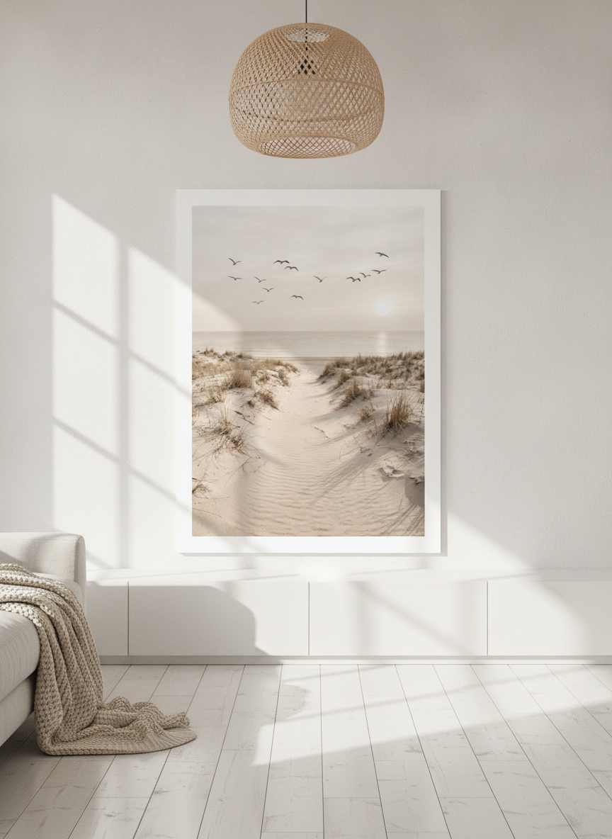 Oversized statement modern wall art print styled on the wall in a bright Scandinavian living room