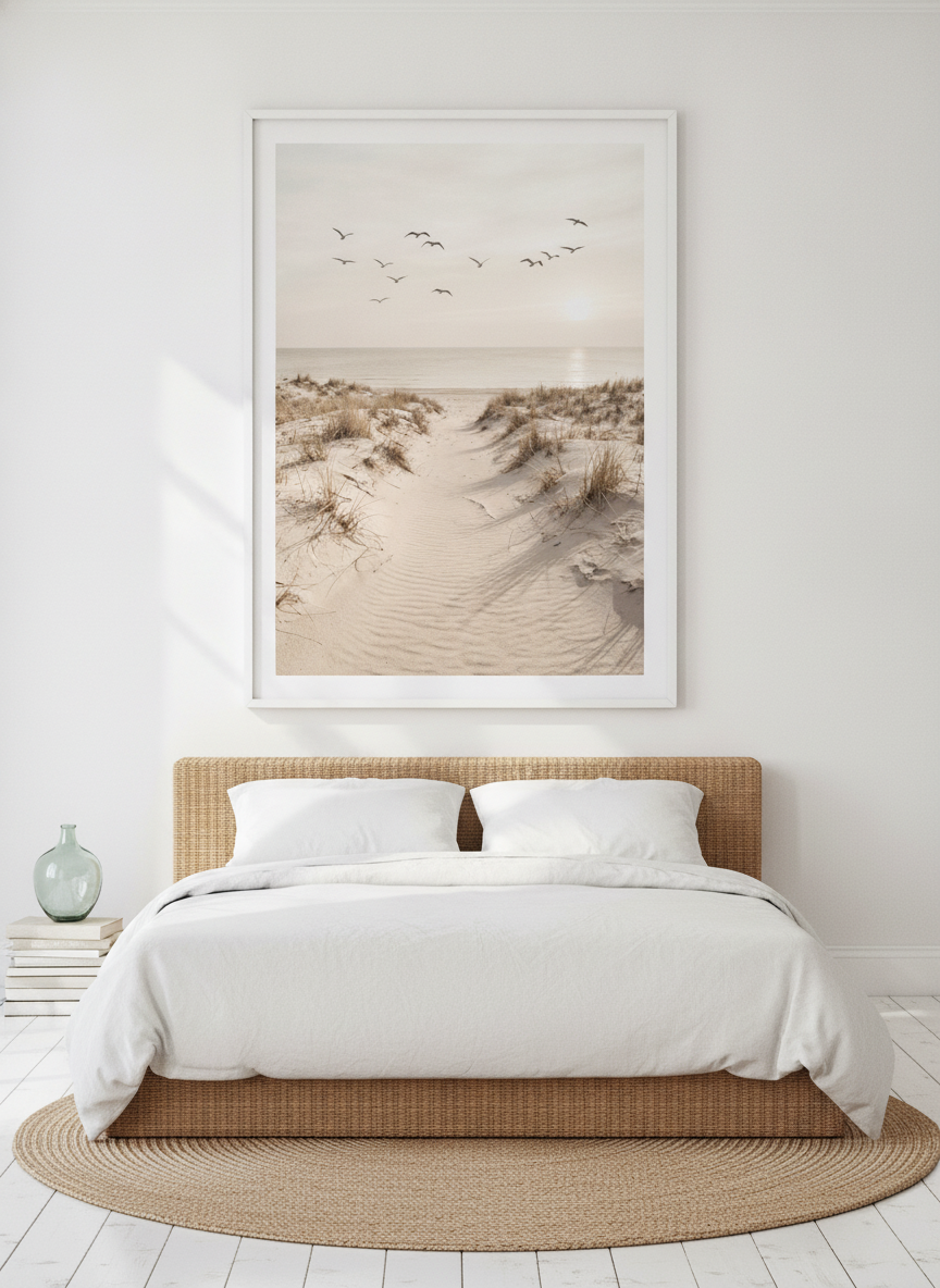 Oversized statement modern wall art print styled on the wall in a coastal bedroom