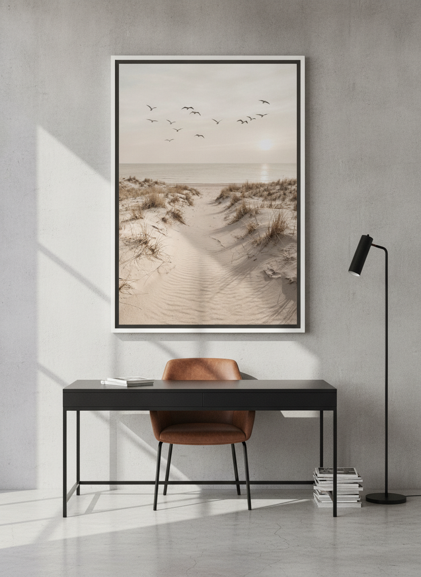 Canvas wall art with a white surround styled on the wall in an industrial loft home office