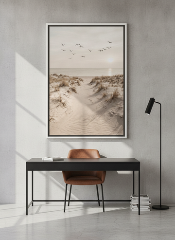 Canvas wall art with a white surround styled on the wall in an industrial loft home office