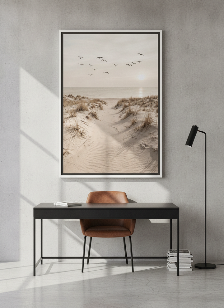 Canvas wall art with a white surround styled on the wall in an industrial loft home office