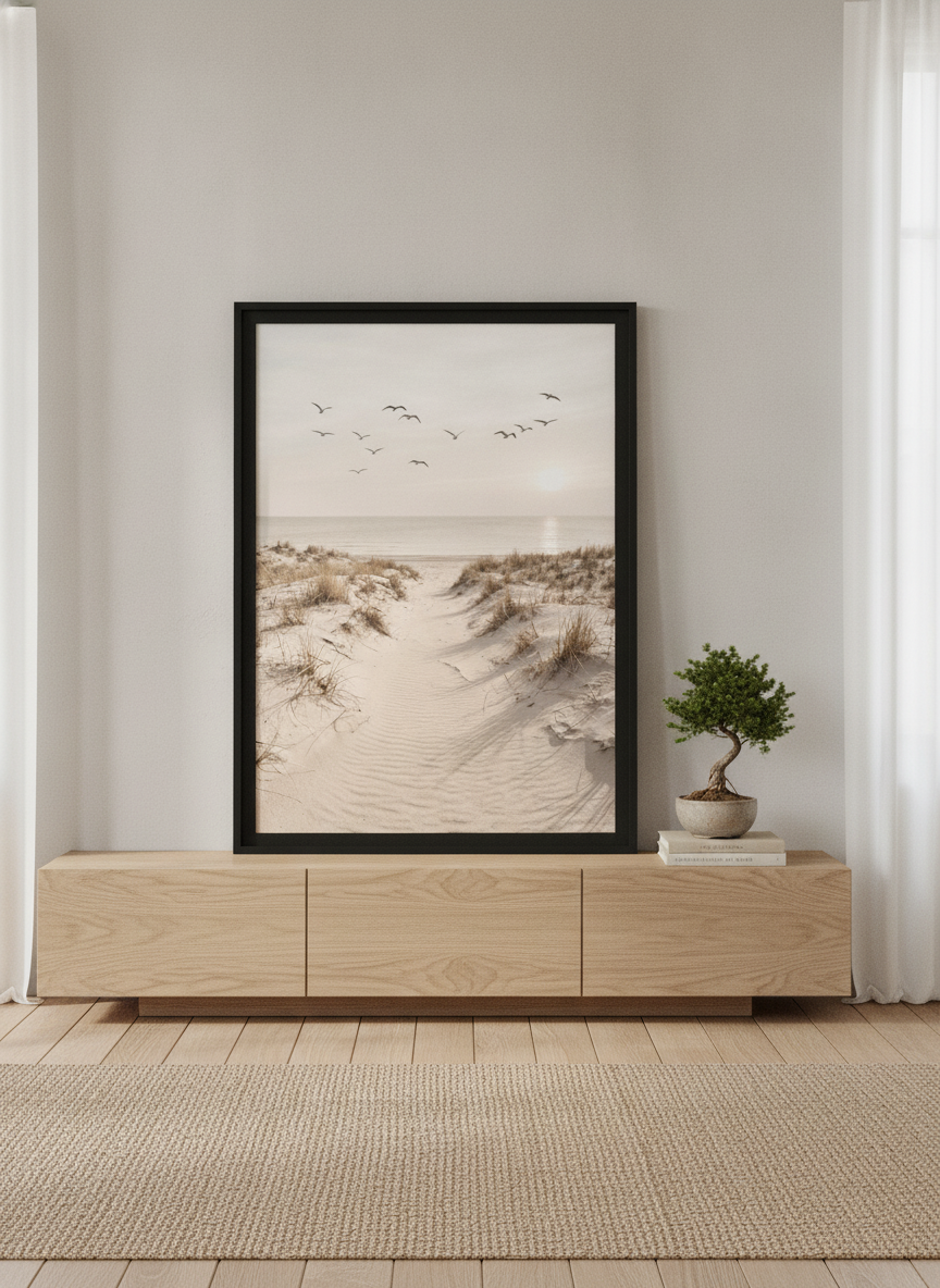 Modern wall art print standing on a sideboard in a warm Japandi bedroom