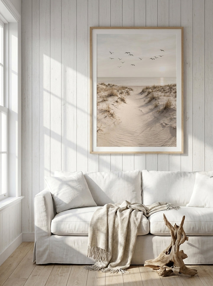 Modern wall art print styled on the wall in a coastal living room