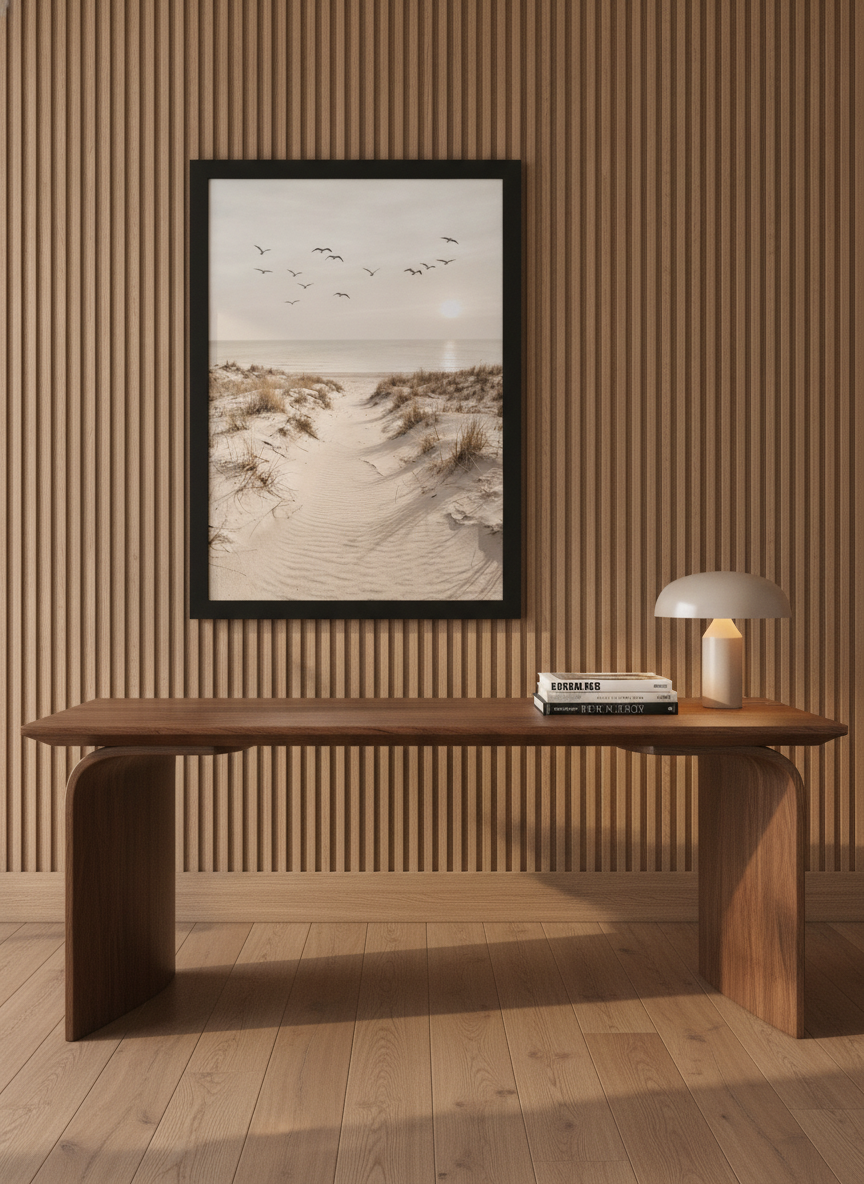 Modern wall art print styled on the wall in a luxe home office