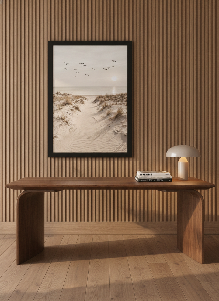 Modern wall art print styled on the wall in a luxe home office