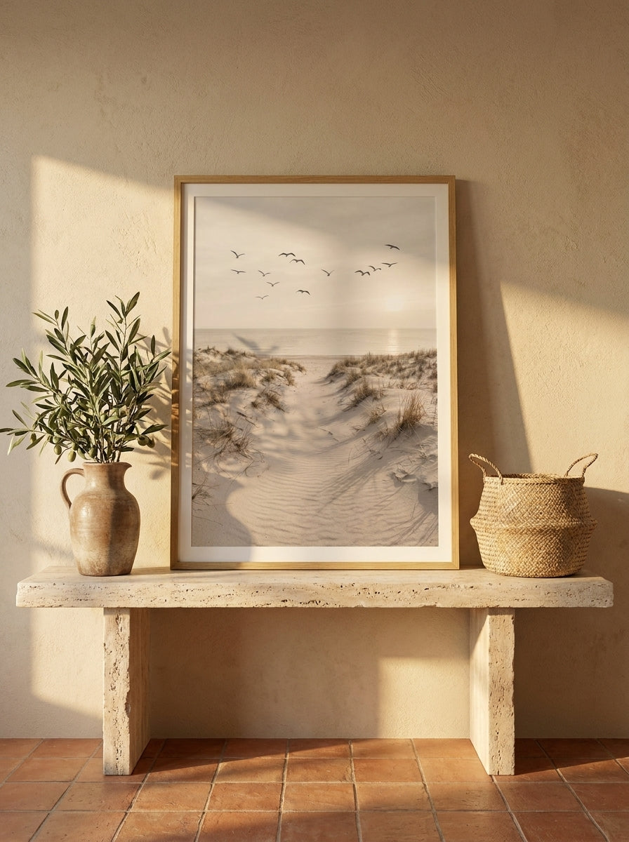 Modern wall art print standing on a console in a Mediterranean bathroom