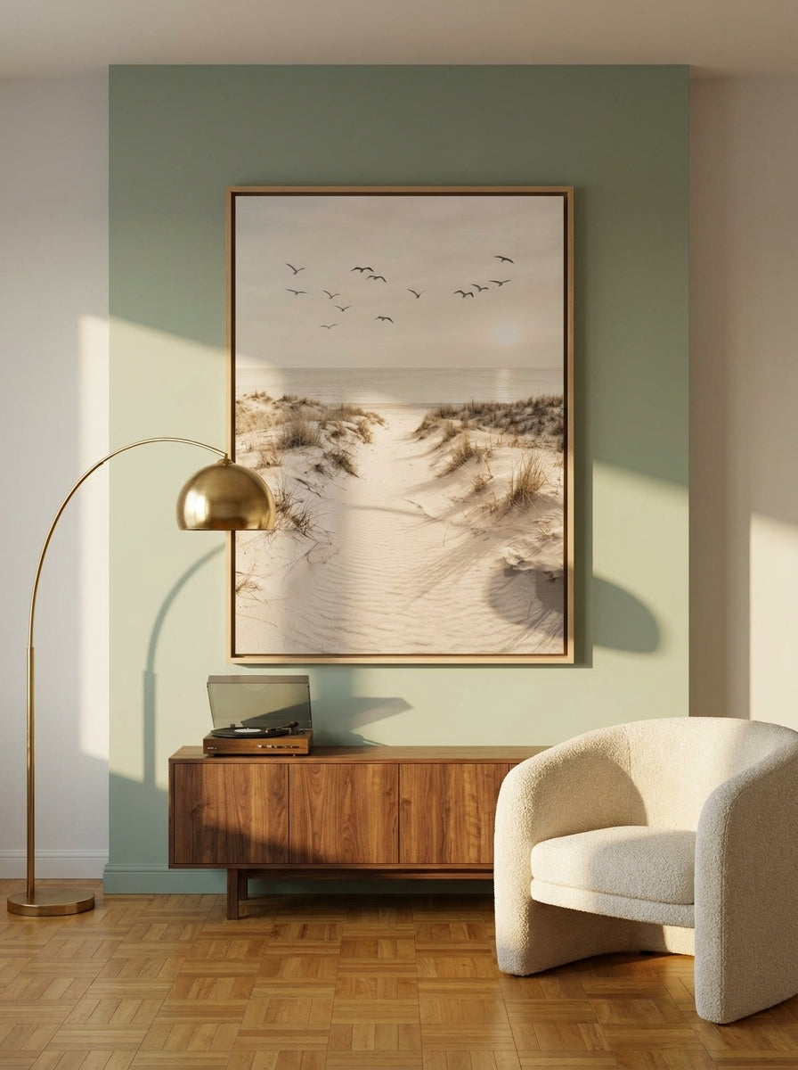Oversized statement canvas wall art with a natural timber surround styled on the wall in a mid-century living room