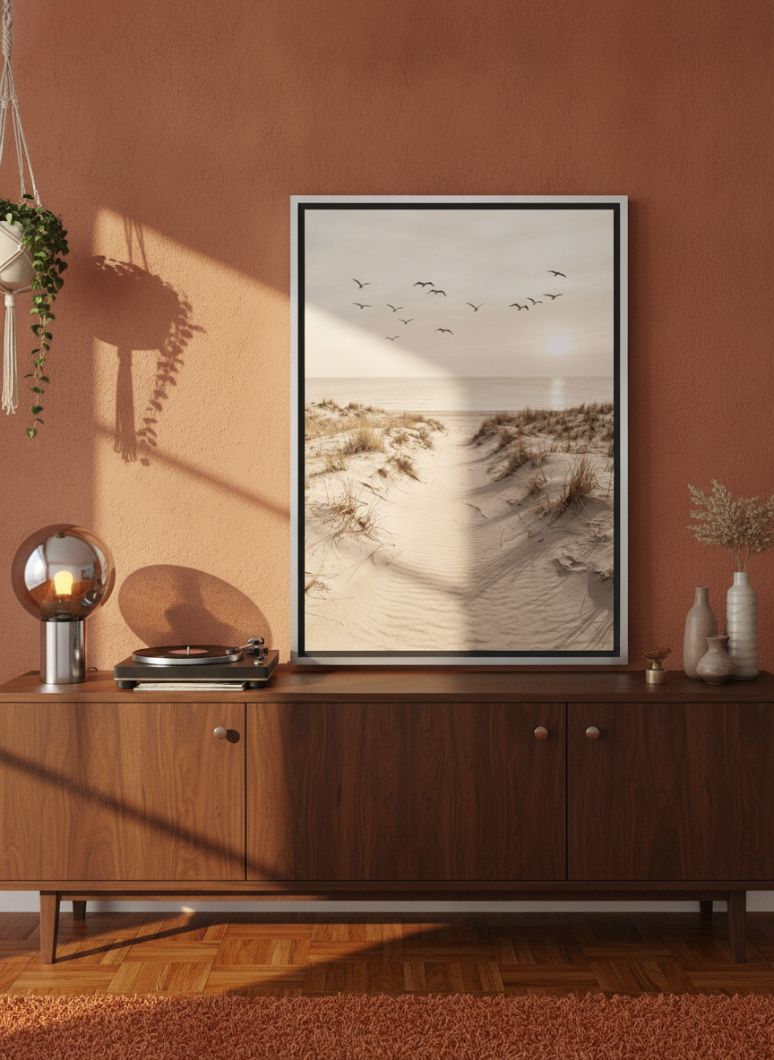 Canvas wall art with a silver leaf surround standing on a sideboard in a retro 70s bedroom