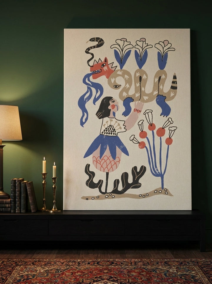 Stretched canvas wall art standing on a console in a moody living room