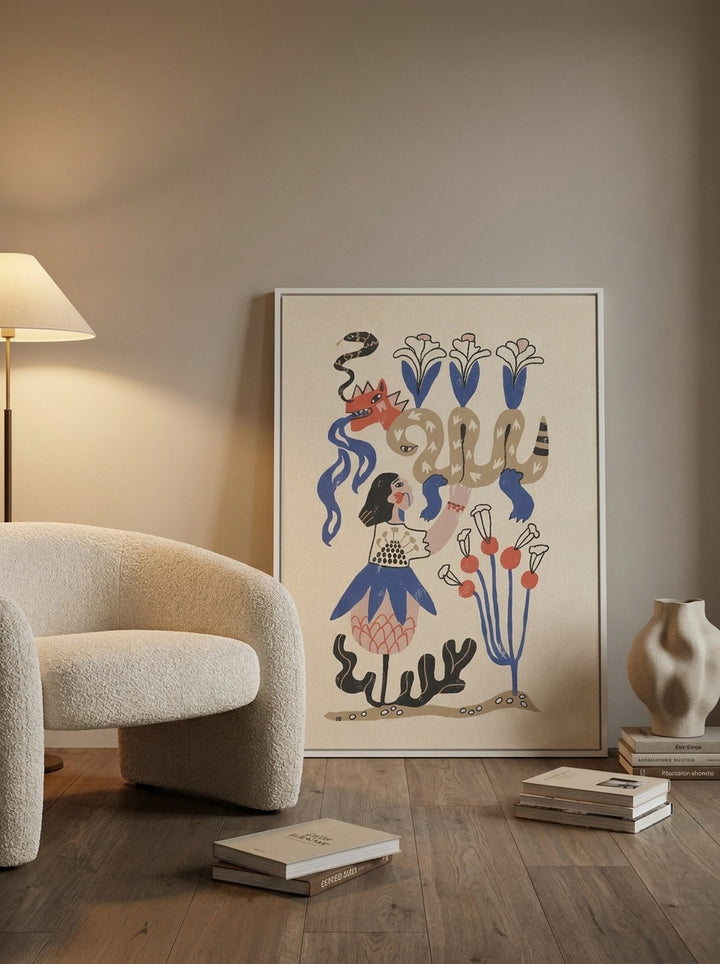 Canvas wall art with a white surround leaning against the wall in a luxe home office