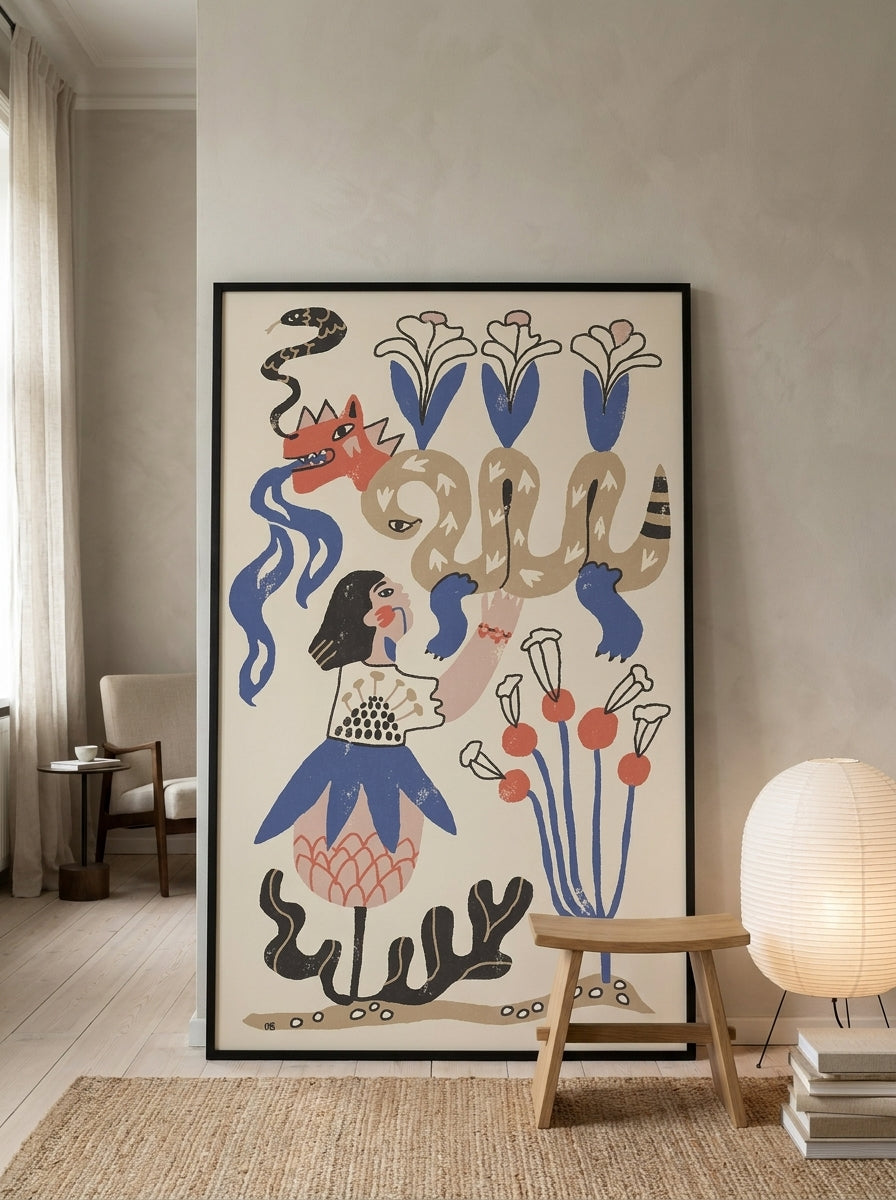 Oversized statement modern wall art print leaning against the wall in a warm Japandi living room