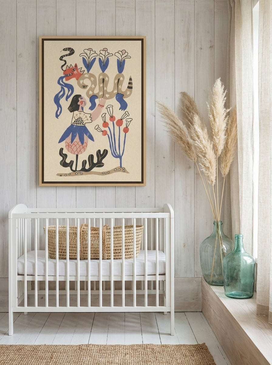 Canvas wall art with a natural timber surround styled on the wall in a coastal nursery