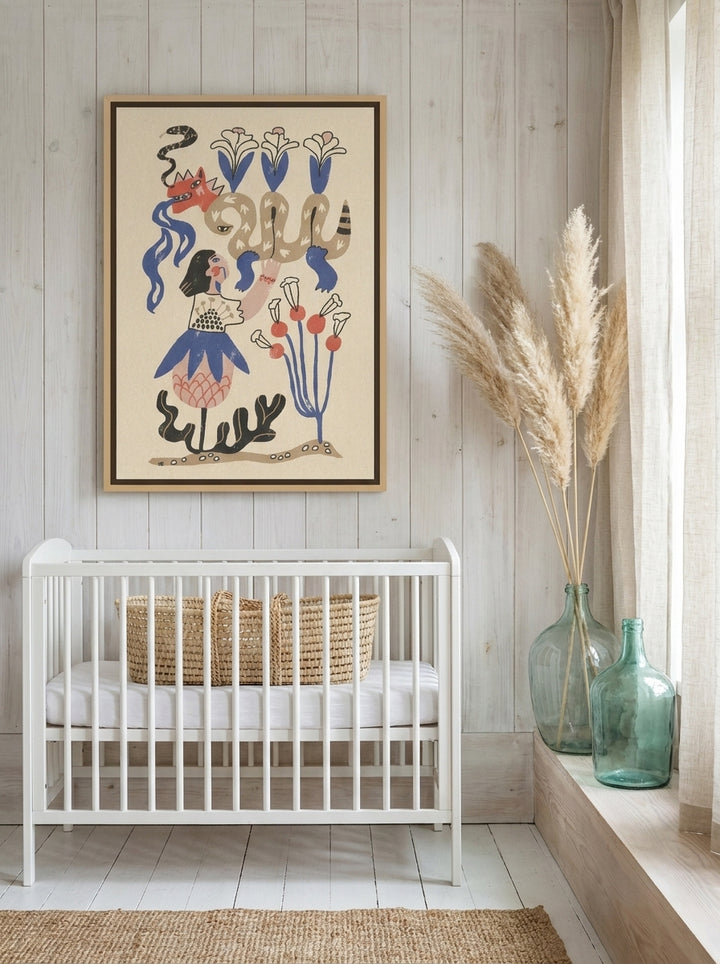 Canvas wall art with a natural timber surround styled on the wall in a coastal nursery