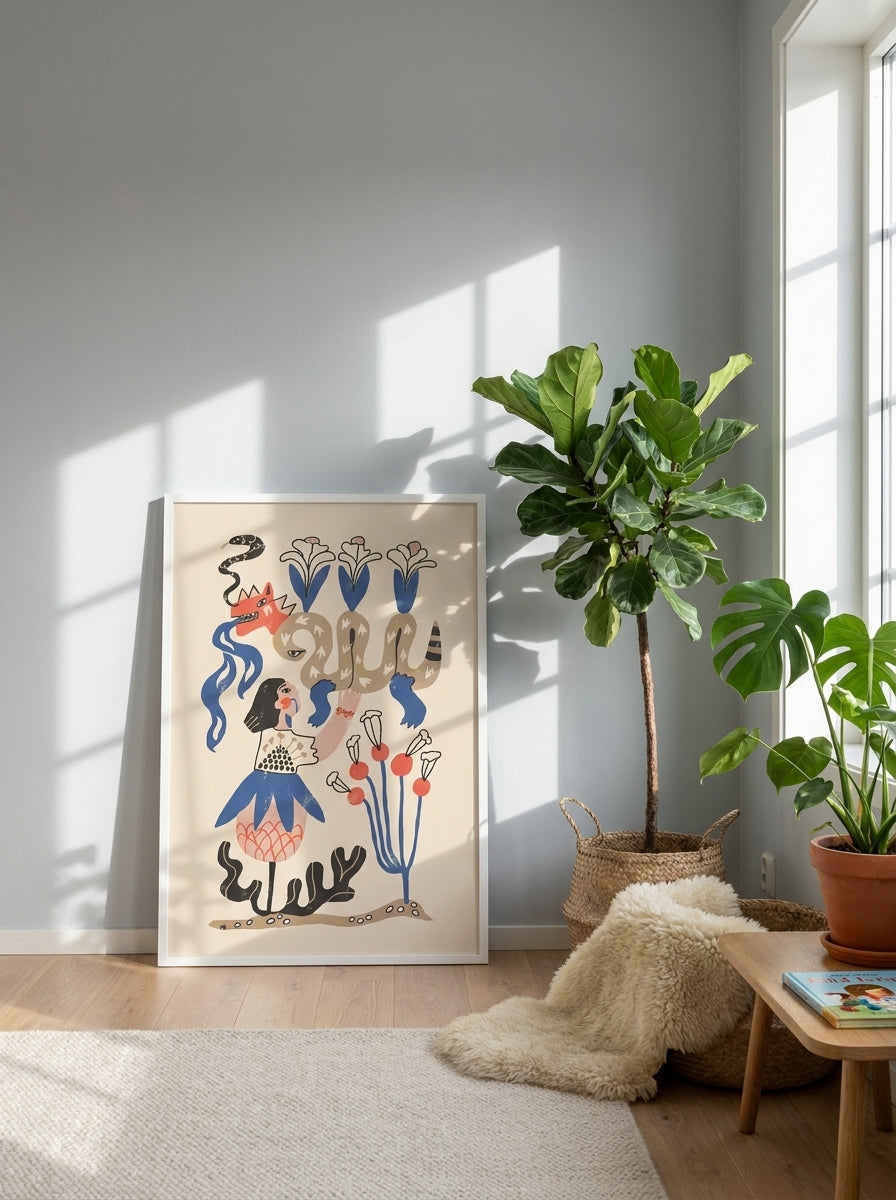 Modern wall art print leaning against the wall in a bright Scandinavian nursery