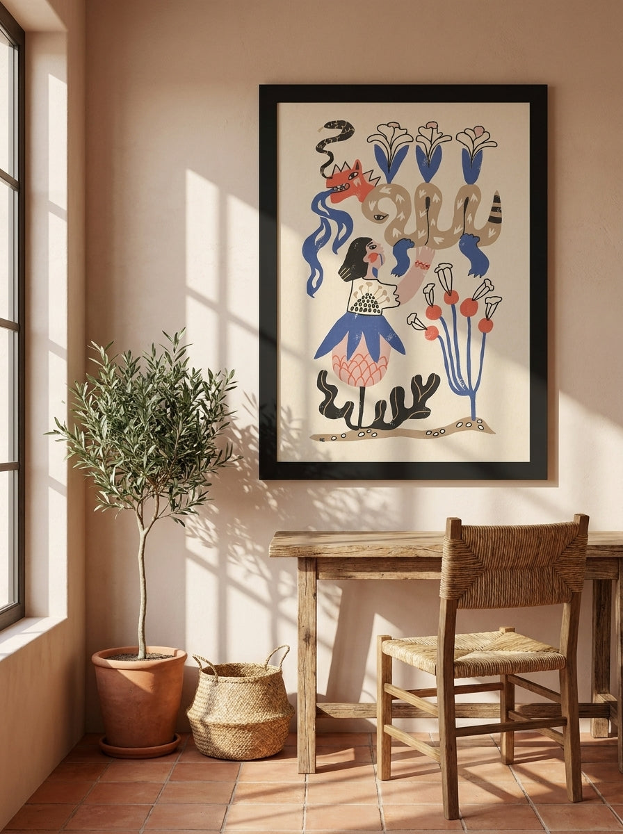 Modern wall art print styled on the wall in a Mediterranean home office