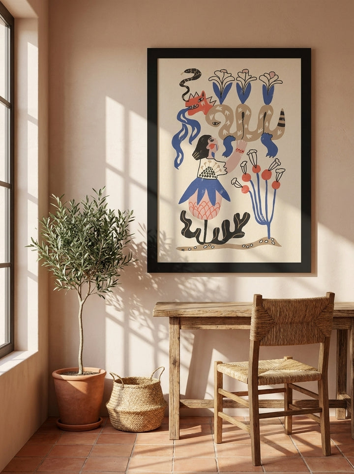 Modern wall art print styled on the wall in a Mediterranean home office
