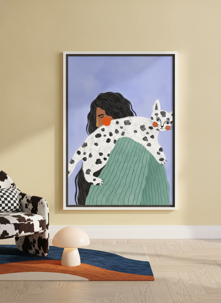 Canvas wall art with a white surround leaning against the wall in a colourful eclectic bedroom