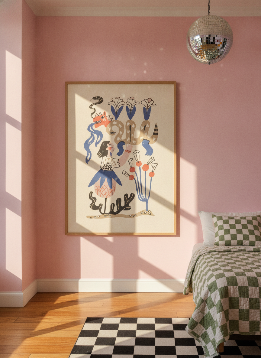 Oversized statement modern wall art print styled on the wall in a colourful eclectic bedroom