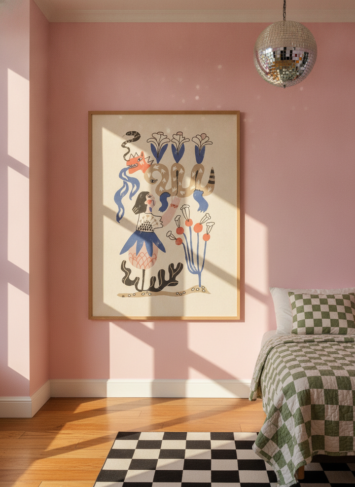 Oversized statement modern wall art print styled on the wall in a colourful eclectic bedroom