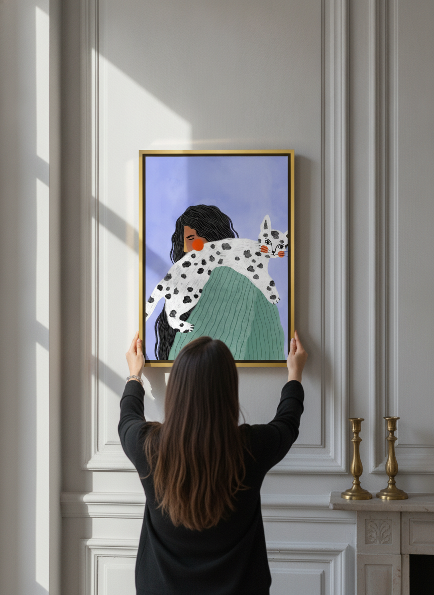 Person holding canvas wall art with a gold leaf surround in a Parisian living room