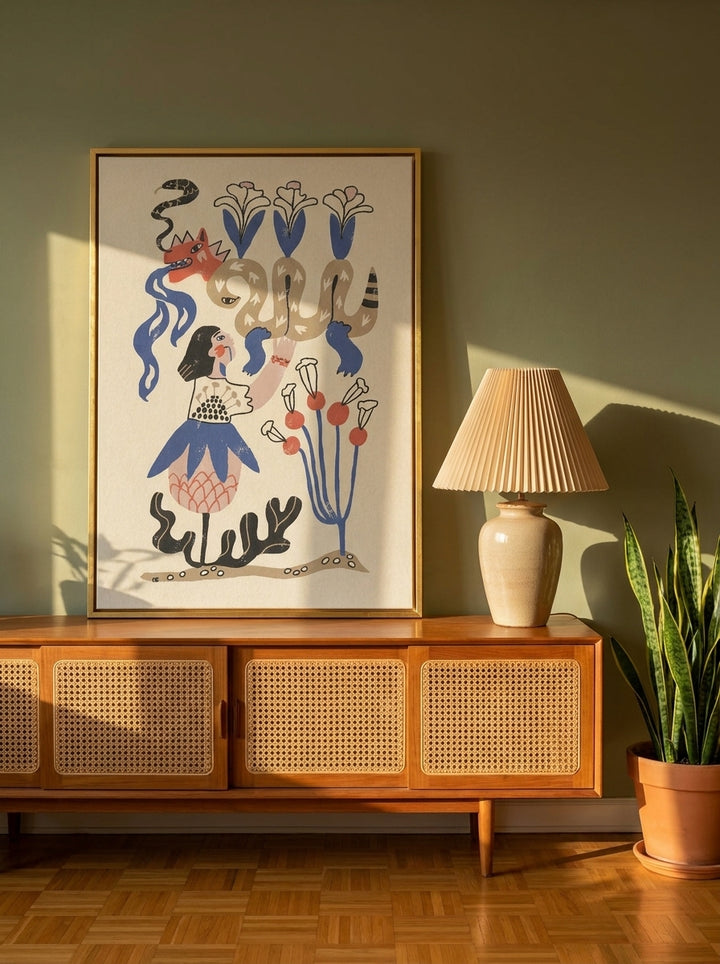 Canvas wall art with a gold leaf surround standing on a sideboard in a mid-century bedroom