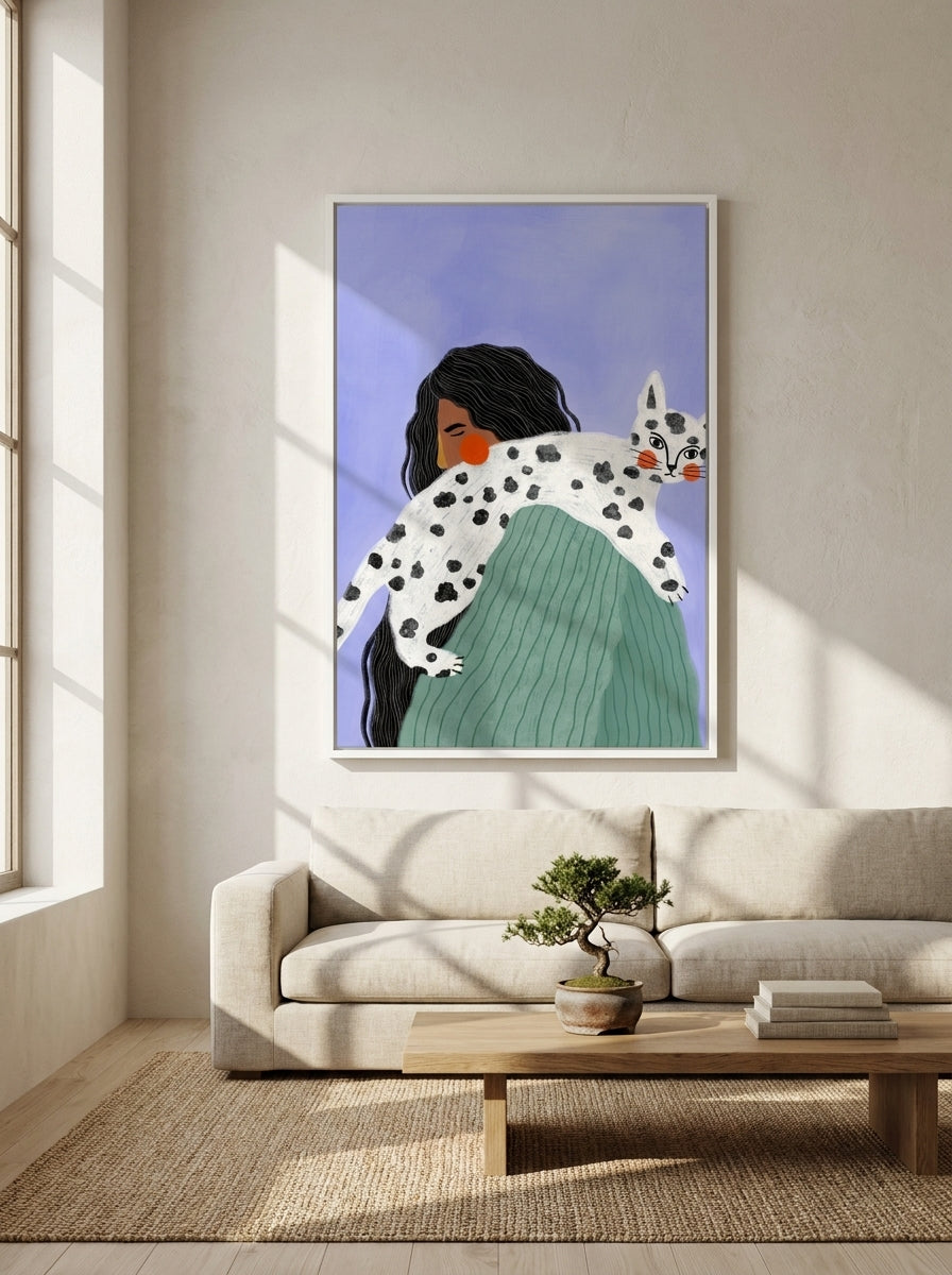 Oversized statement modern wall art print styled on the wall in a warm Japandi living room