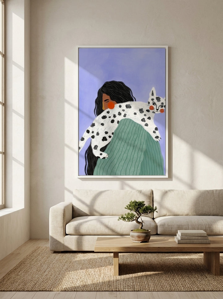 Oversized statement modern wall art print styled on the wall in a warm Japandi living room