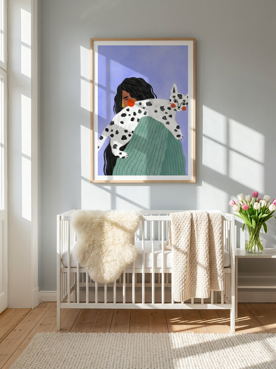 Modern wall art print styled on the wall in a bright Scandinavian nursery